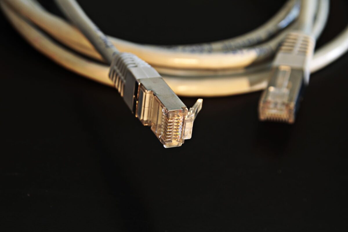 Wtyk RJ45 przewodu sieciowego w zbliżeniu