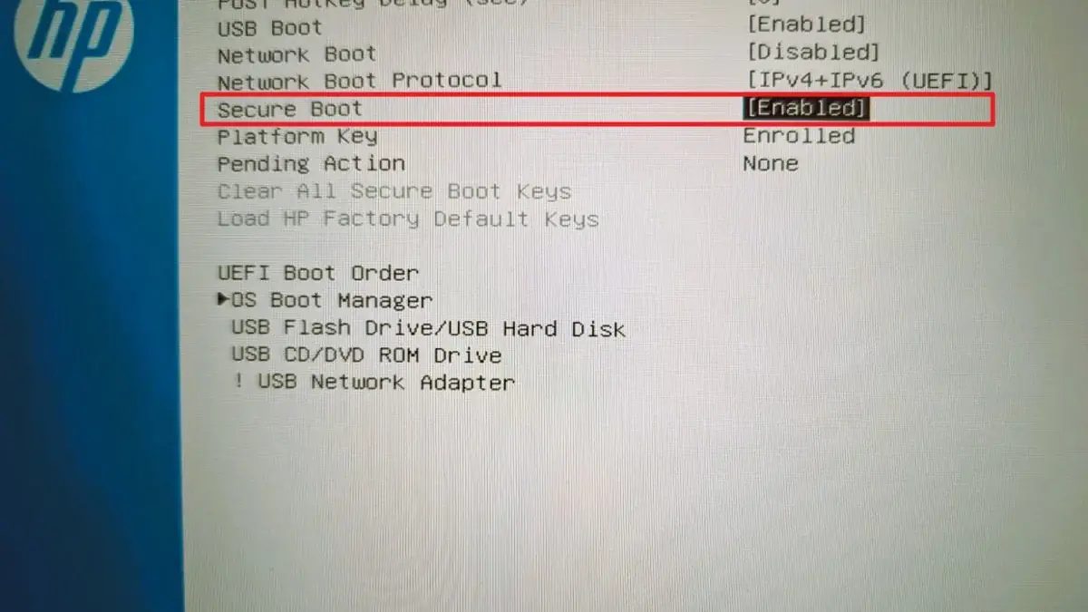 Zrzut ekranu ustawień Secure Boot w BIOS-ie laptopa HP