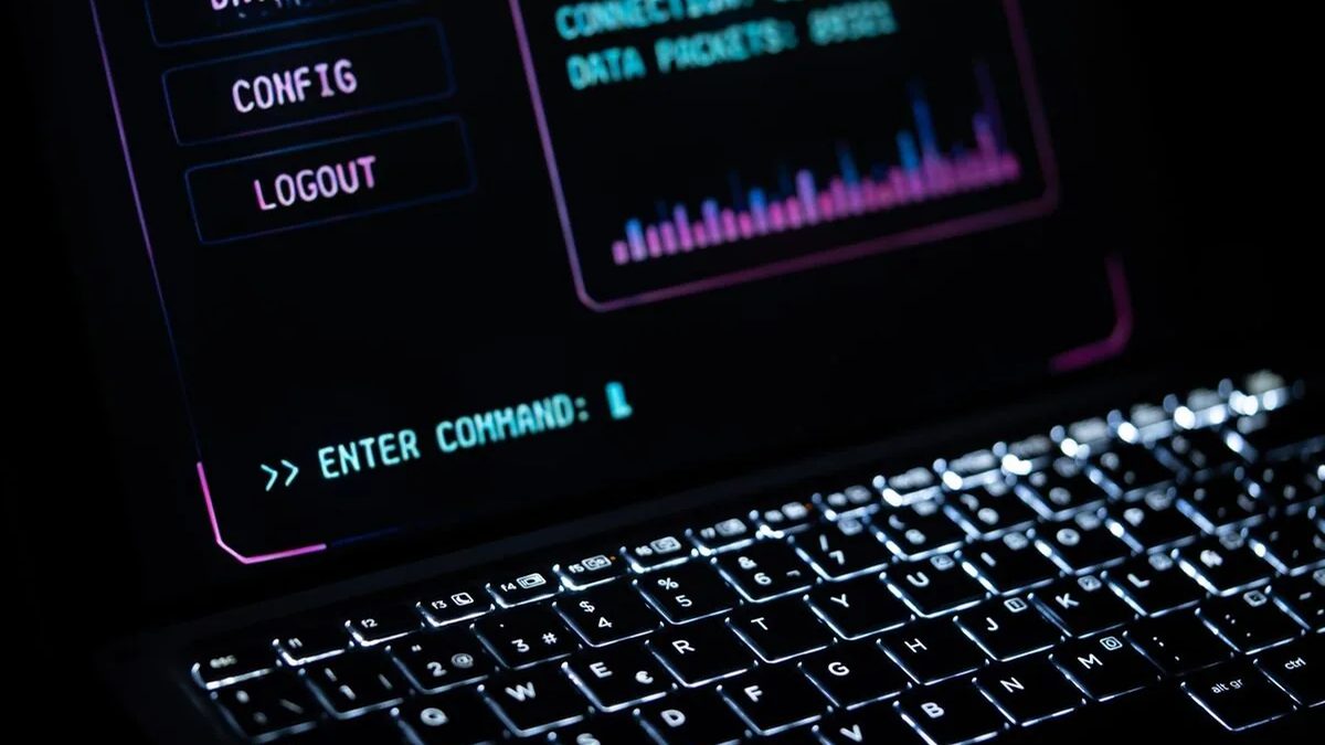 Podświetlana klawiatura laptopa i ekran z konsolą w stylu terminala