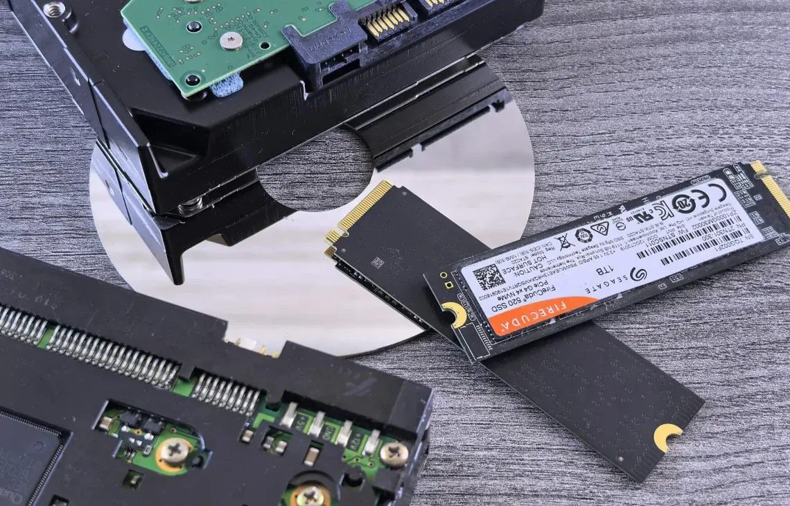 Dysk SSD M.2 NVMe obok rozłożonego dysku twardego na blacie